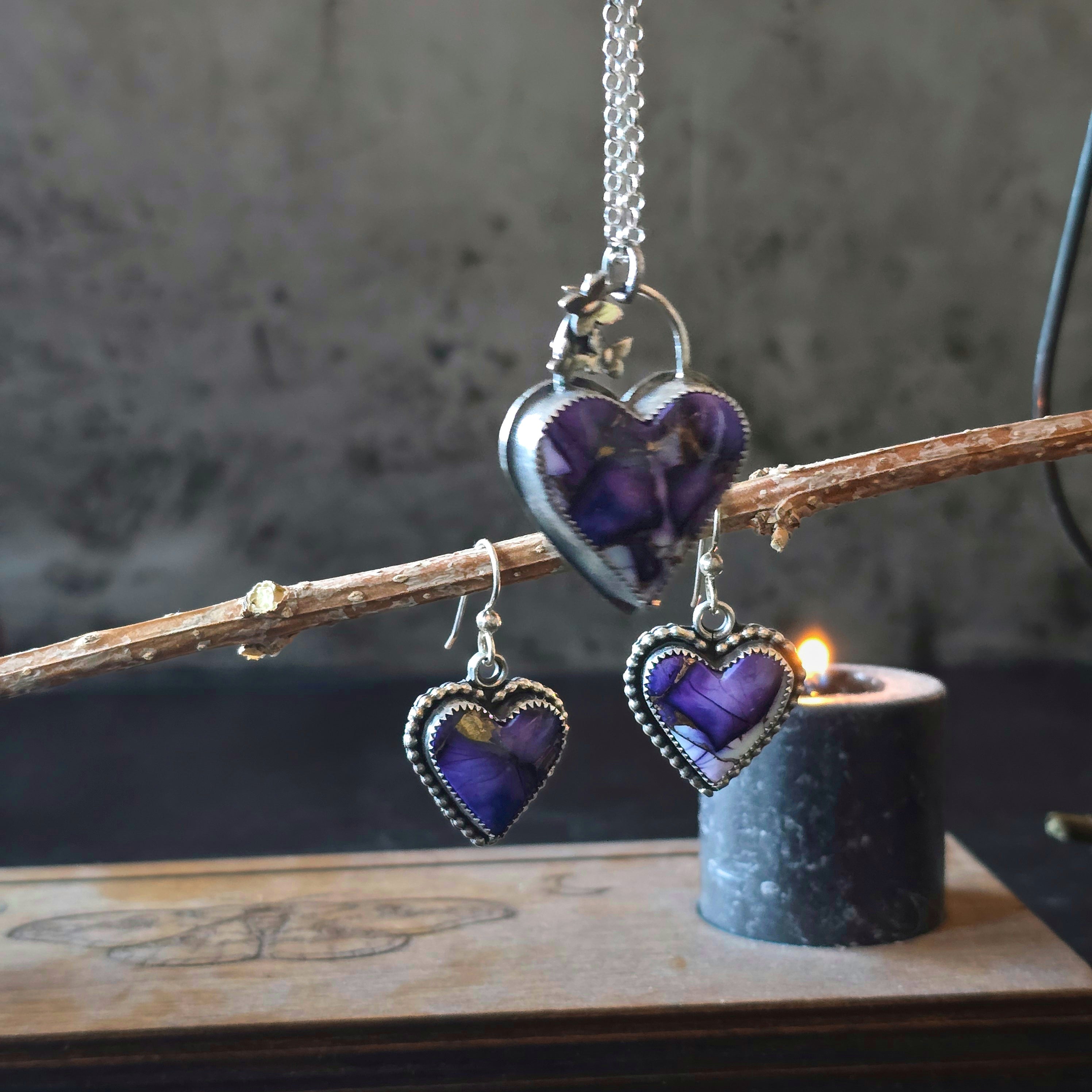 One of a Kind Purple Dahlia Heart Earrings