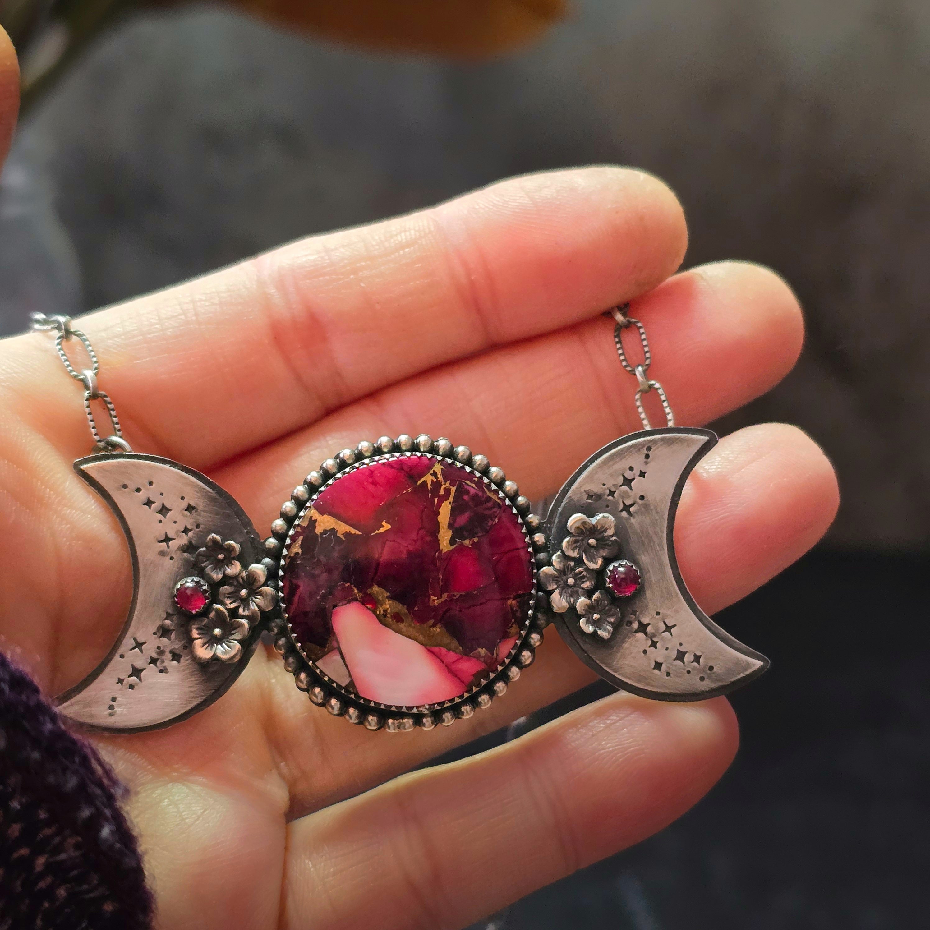 One of a Kind Red Dahlia Triple Moon Goddess Necklace