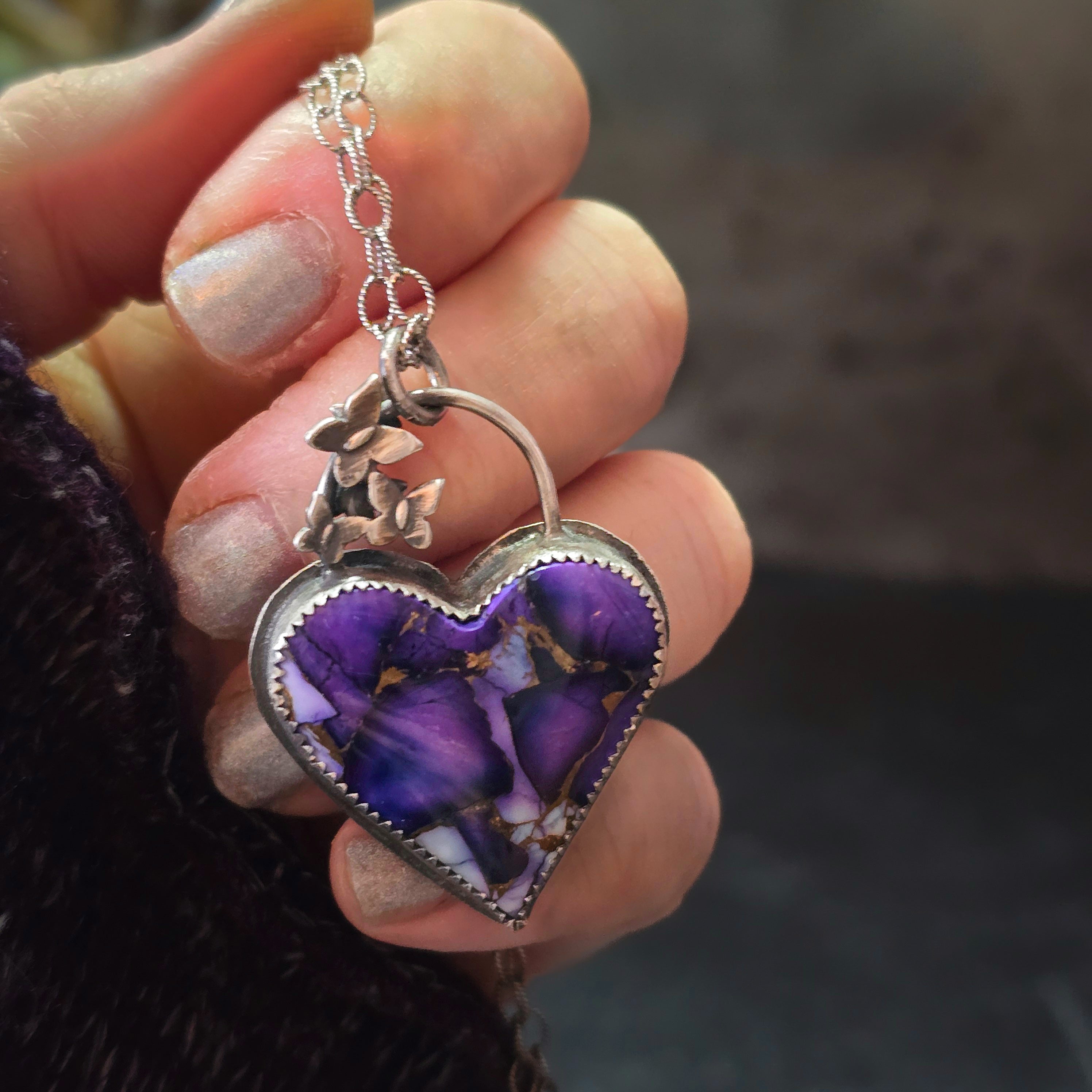 One of a Kind Reversible Purple Dahlia Heart Necklace