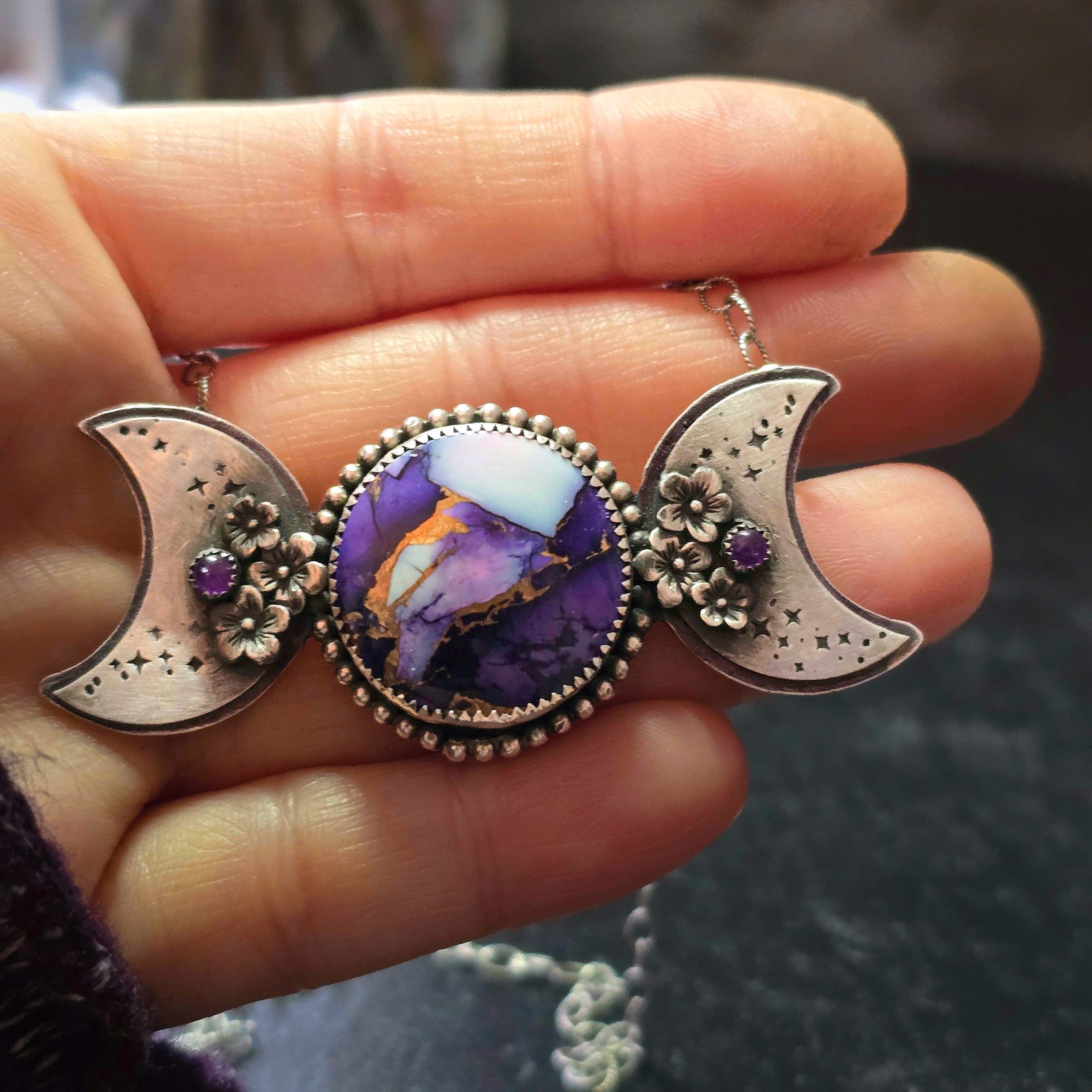 One of a Kind Purple Dahlia Triple Moon Goddess Necklace