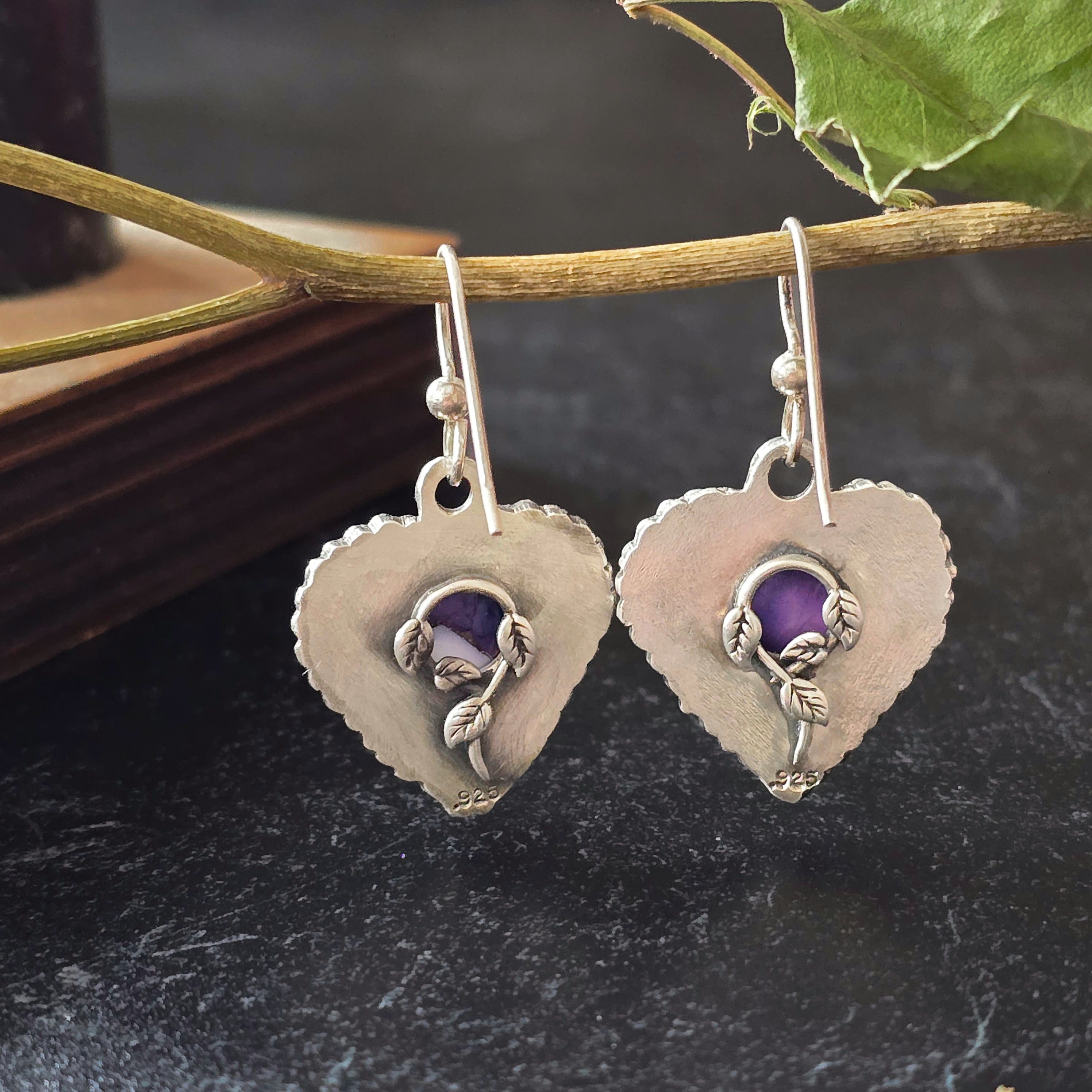 One of a Kind Purple Dahlia Heart Earrings