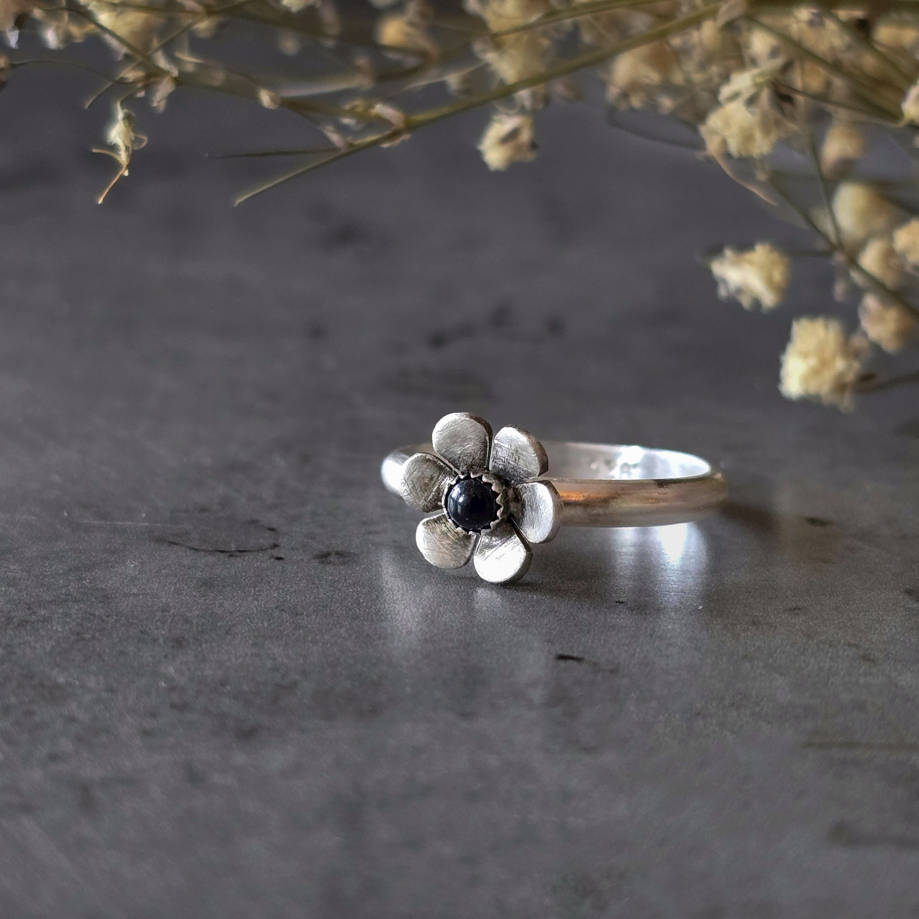 Gemstone Flower Ring with Black Onyx