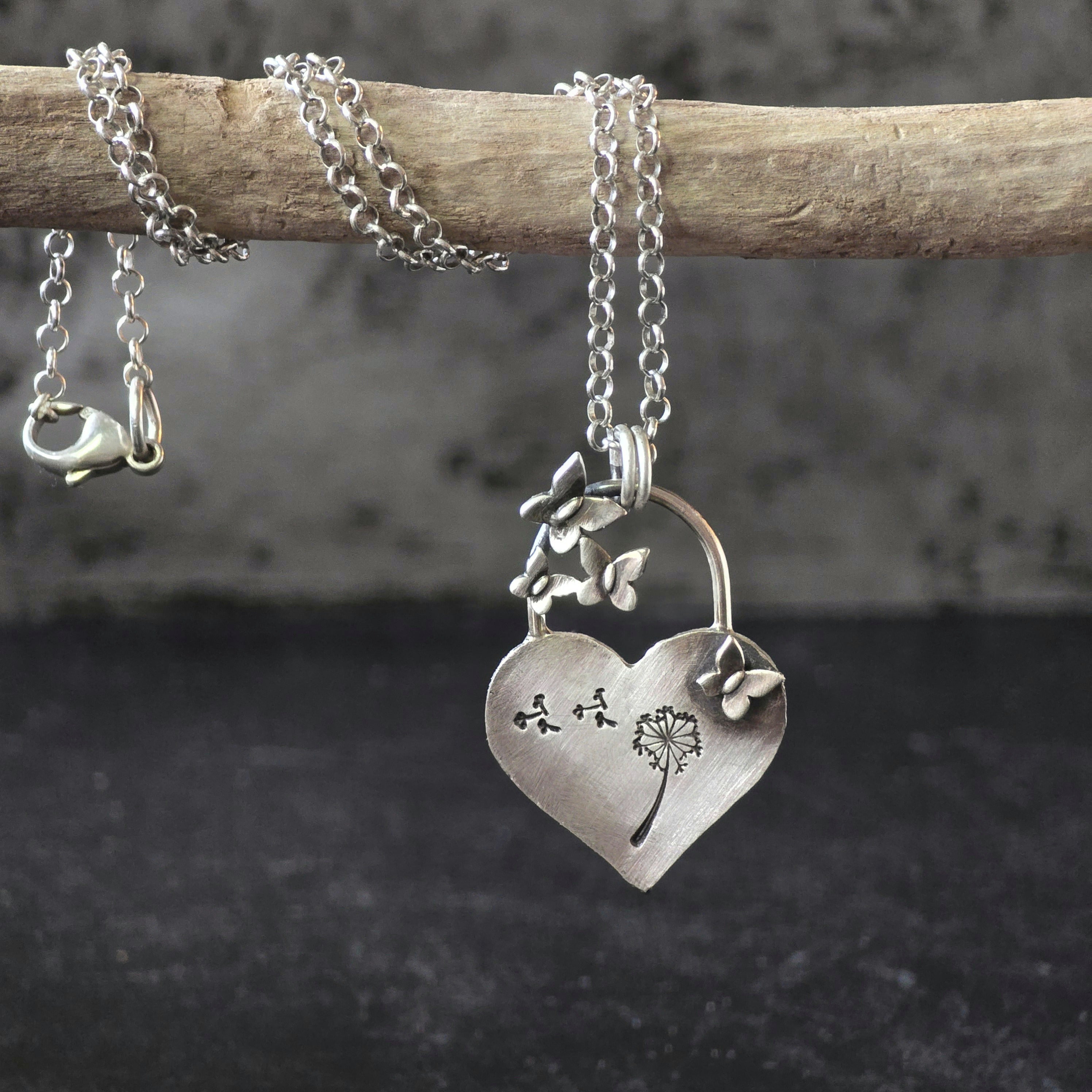 Dandelion and Butterflies Heart Necklace