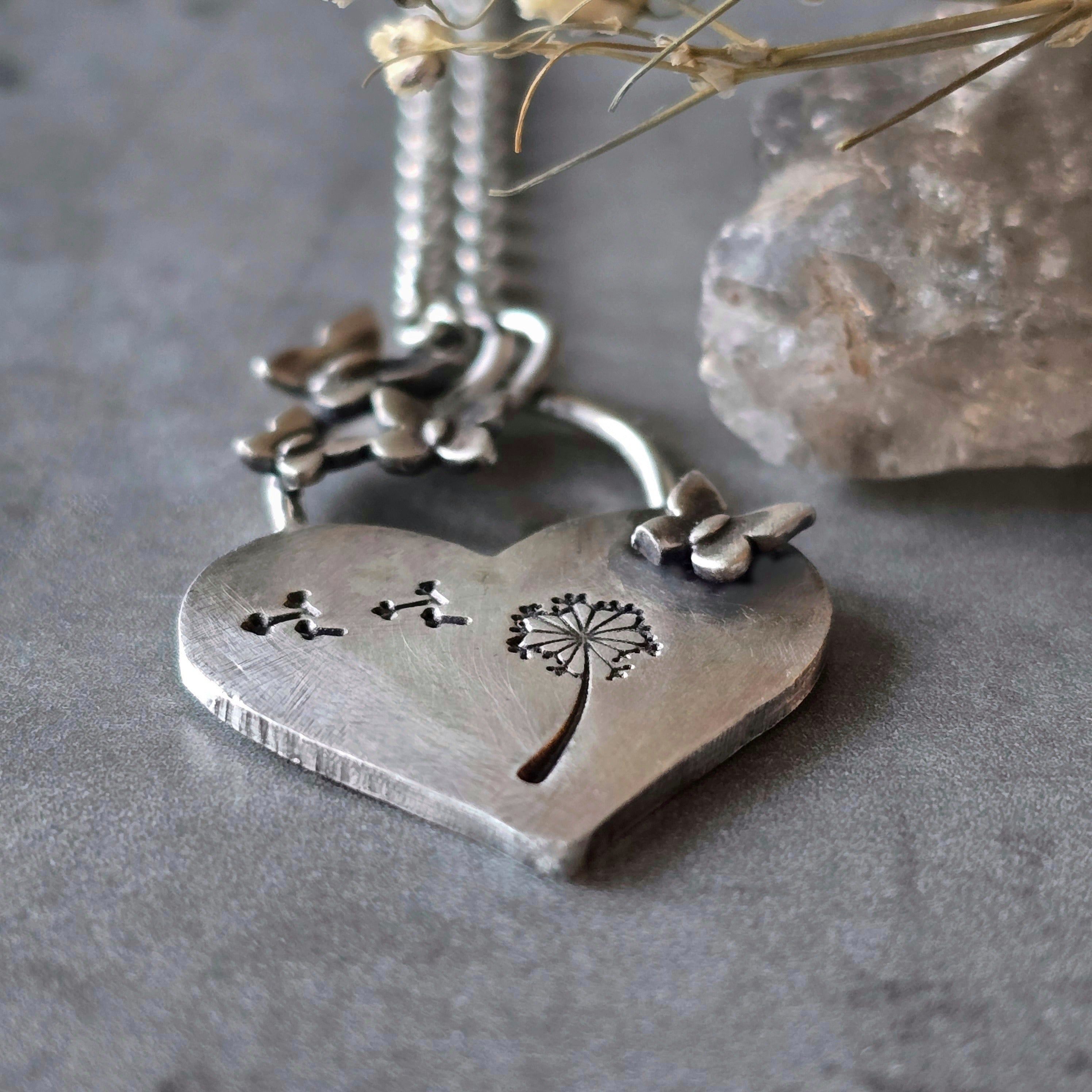 Dandelion and Butterflies Heart Necklace