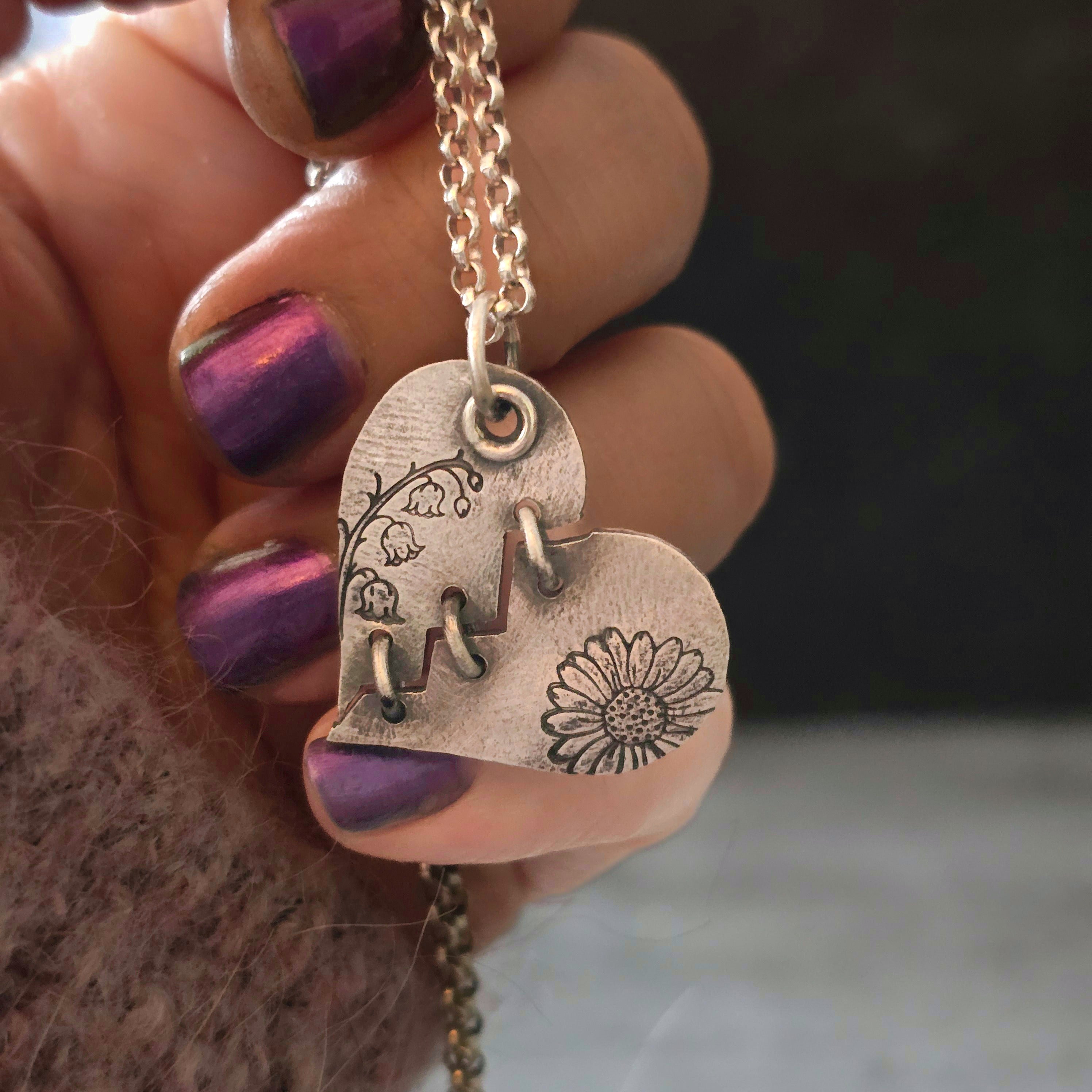 Personalized Mended Heart Necklace with Birth Month Flowers