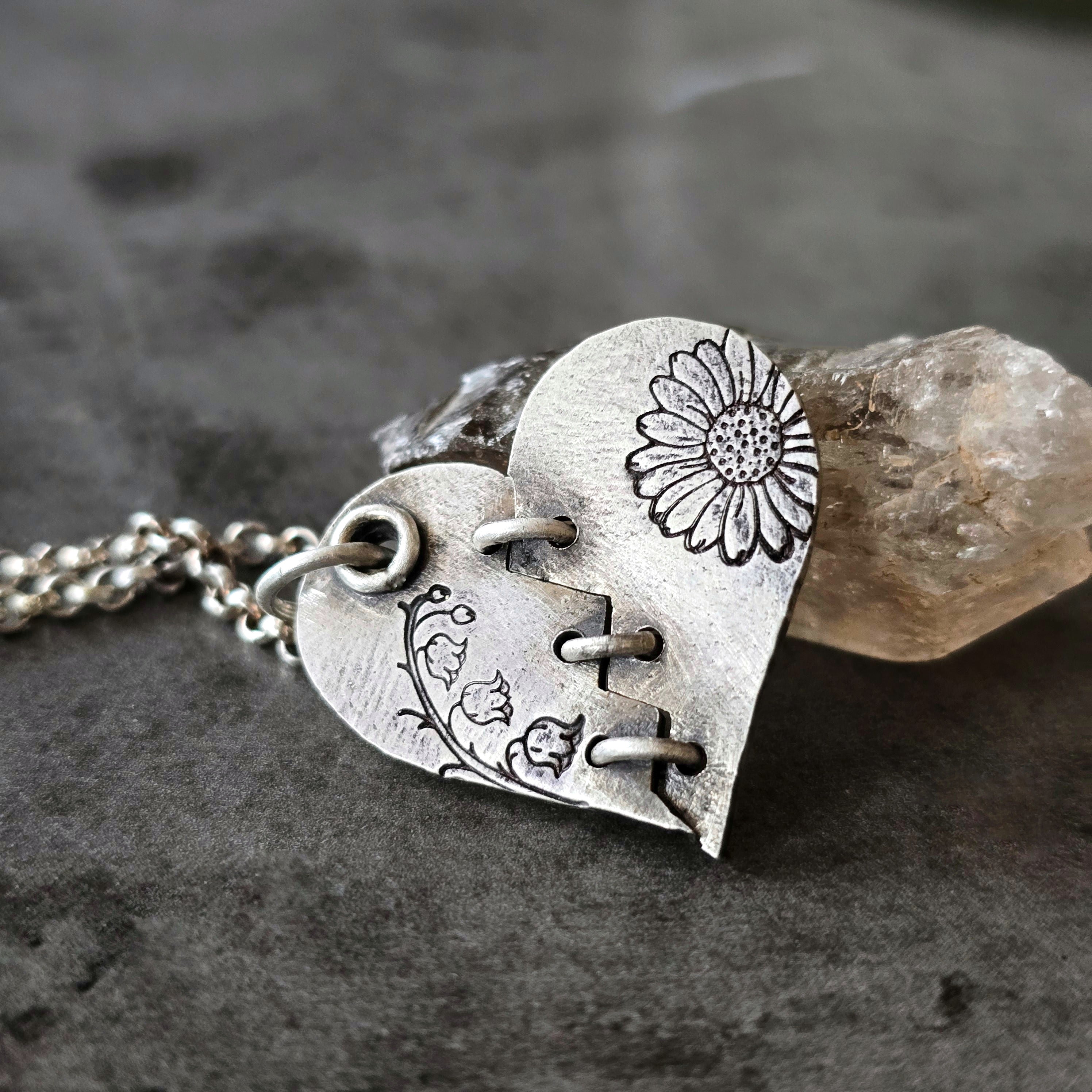 Personalized Mended Heart Necklace with Birth Month Flowers