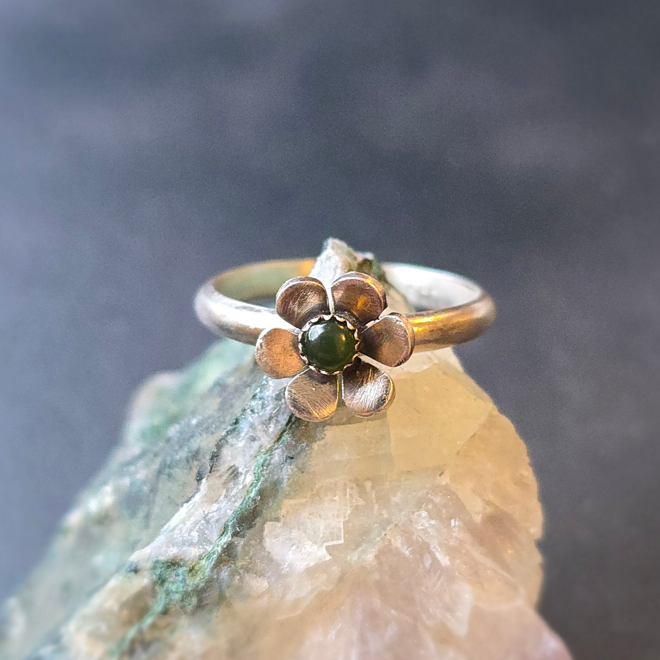 Gemstone Flower Ring with Nephrite Jade