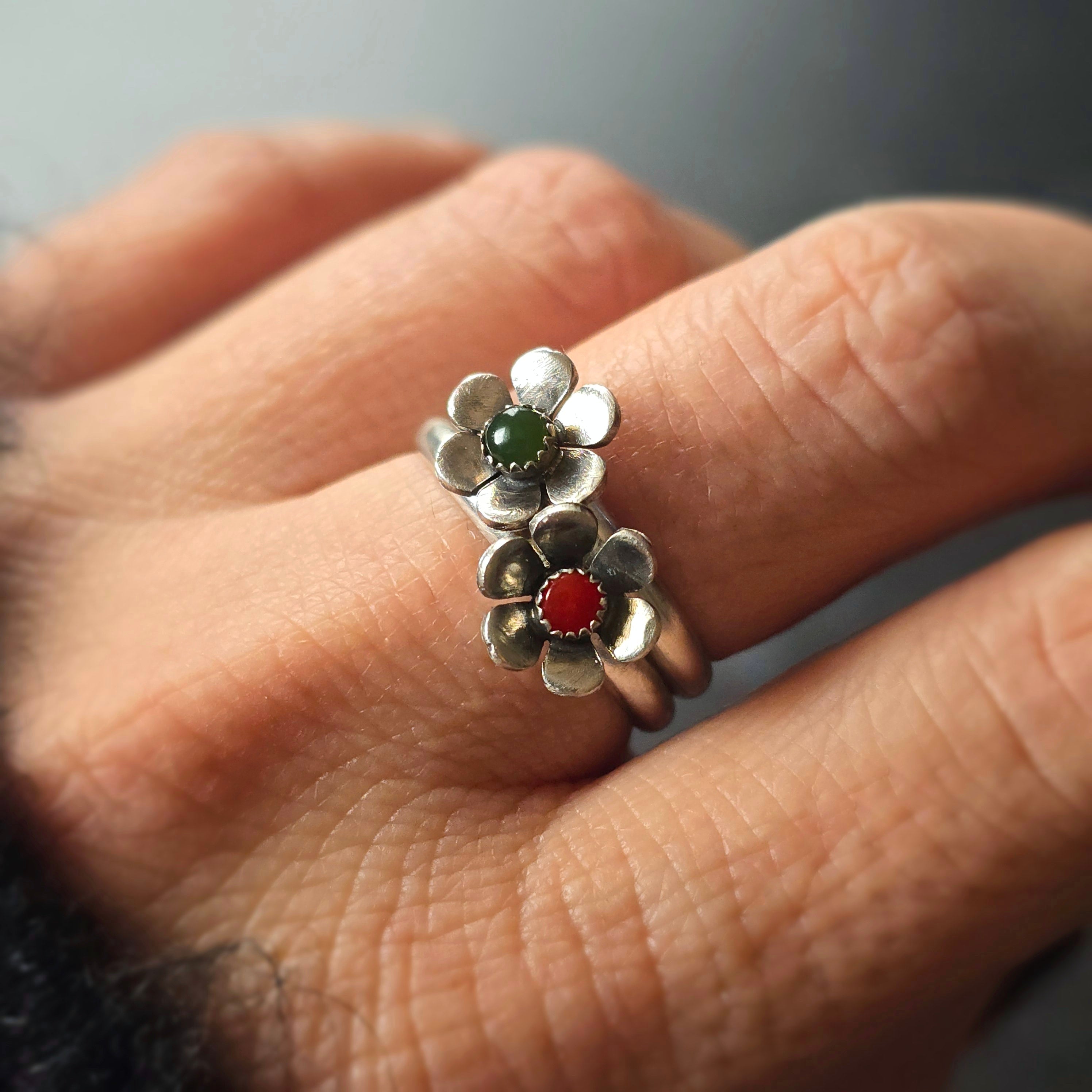 Gemstone Flower Ring with Nephrite Jade