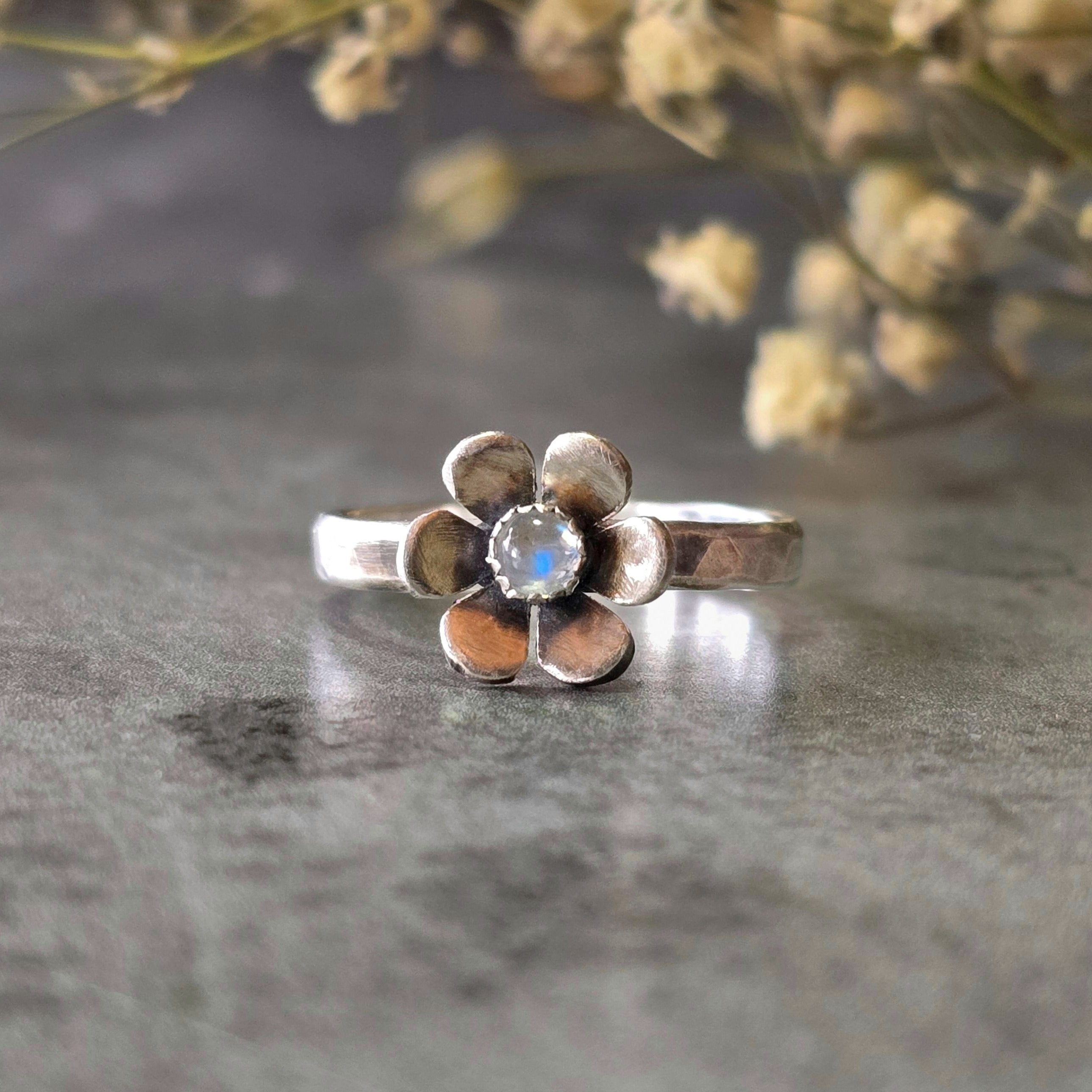 Gemstone Flower Ring with Rainbow Moonstone