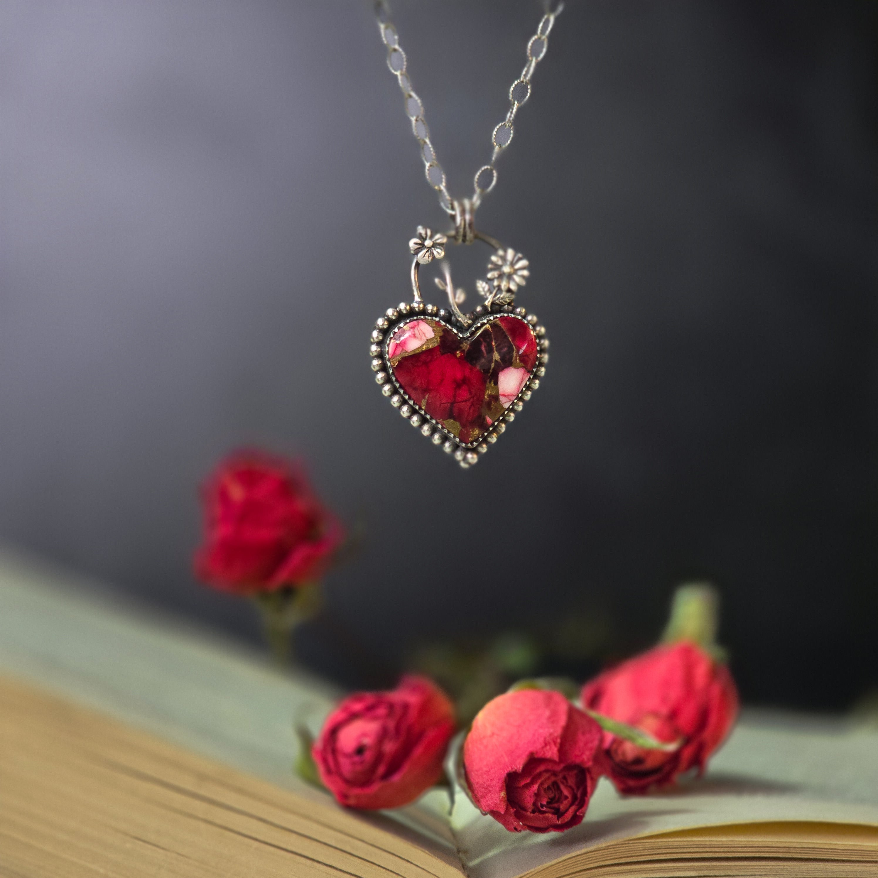 One of a Kind Red Dahlia Heart Necklace