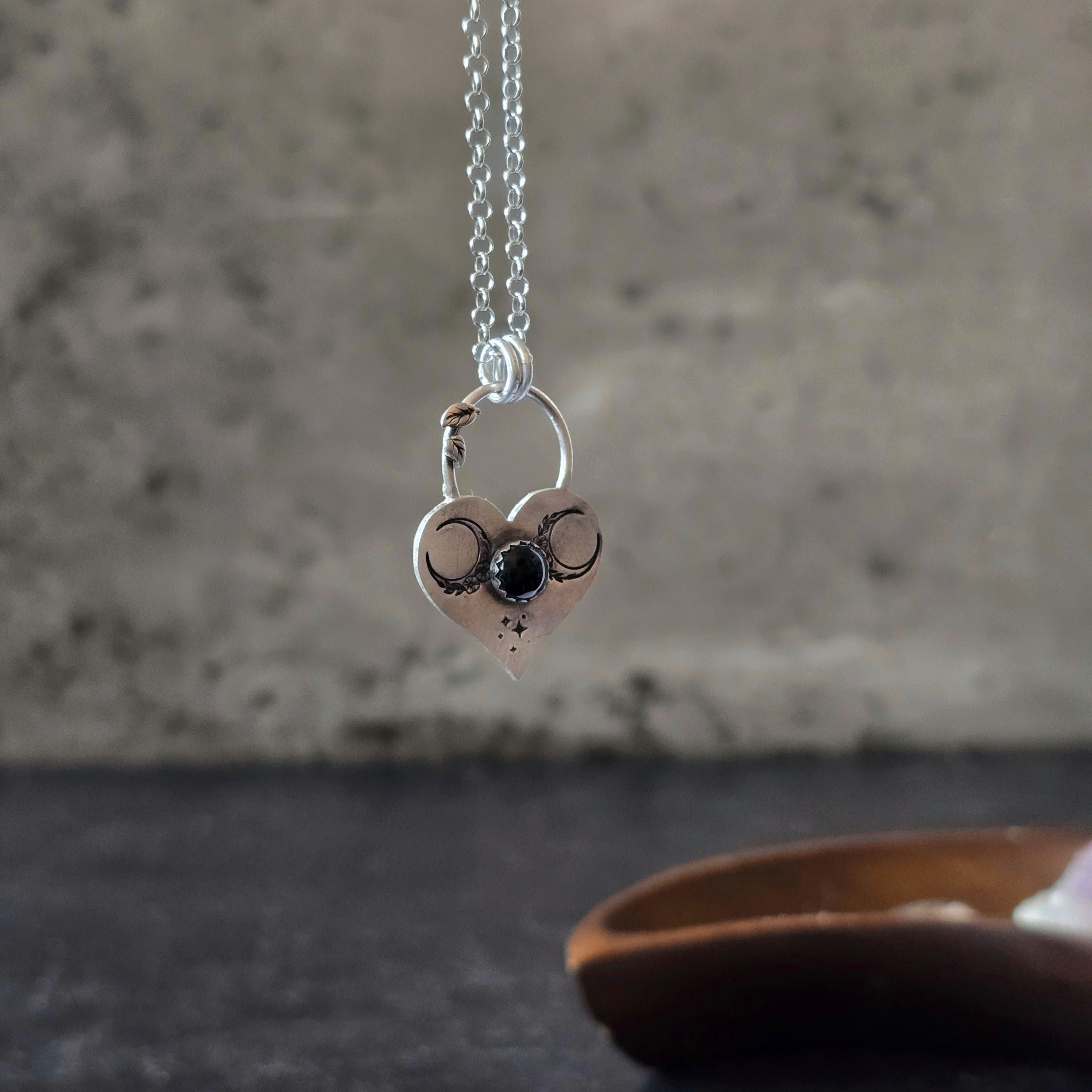 Triple Moon Heart Necklace with Black Onyx