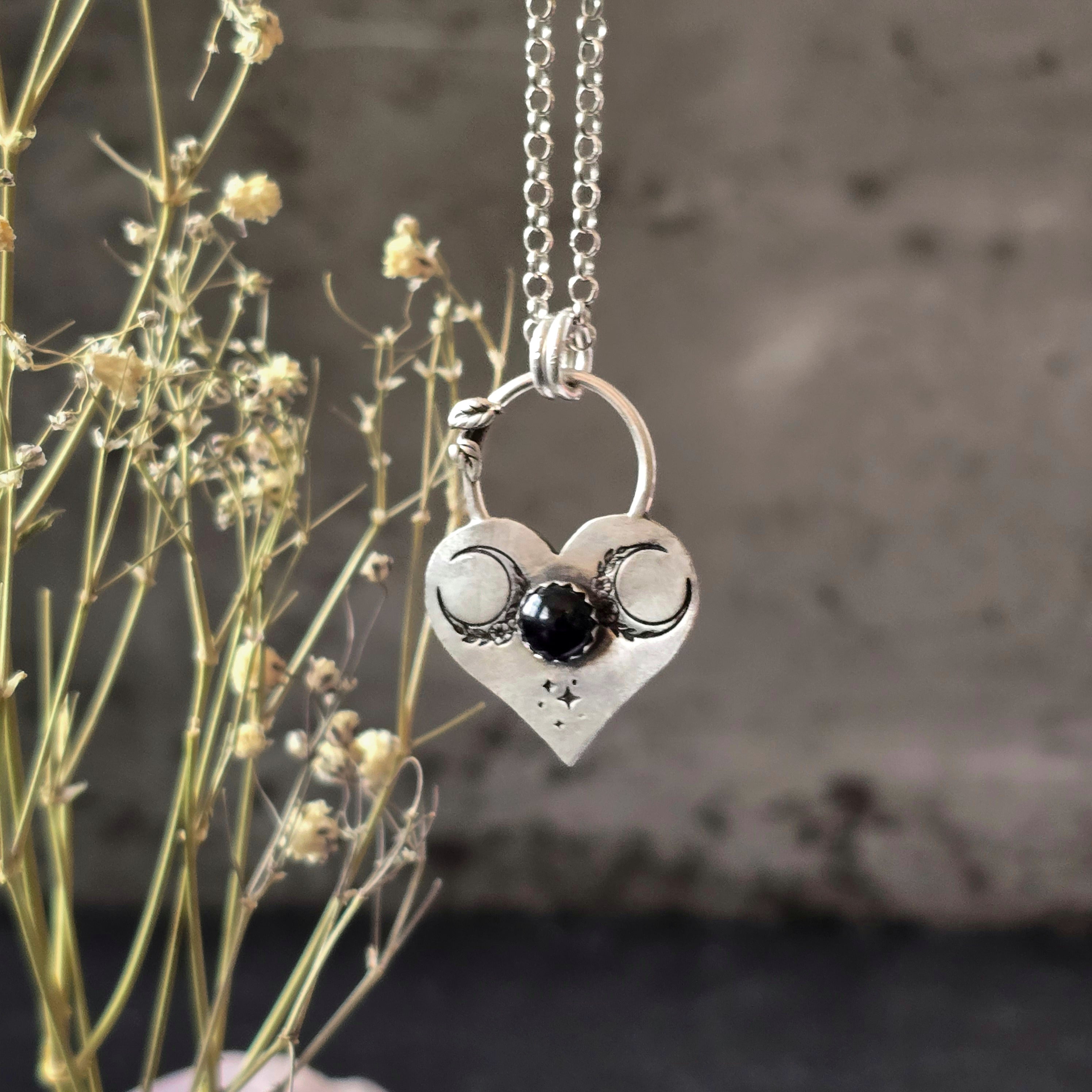 Triple Moon Heart Necklace with Black Onyx