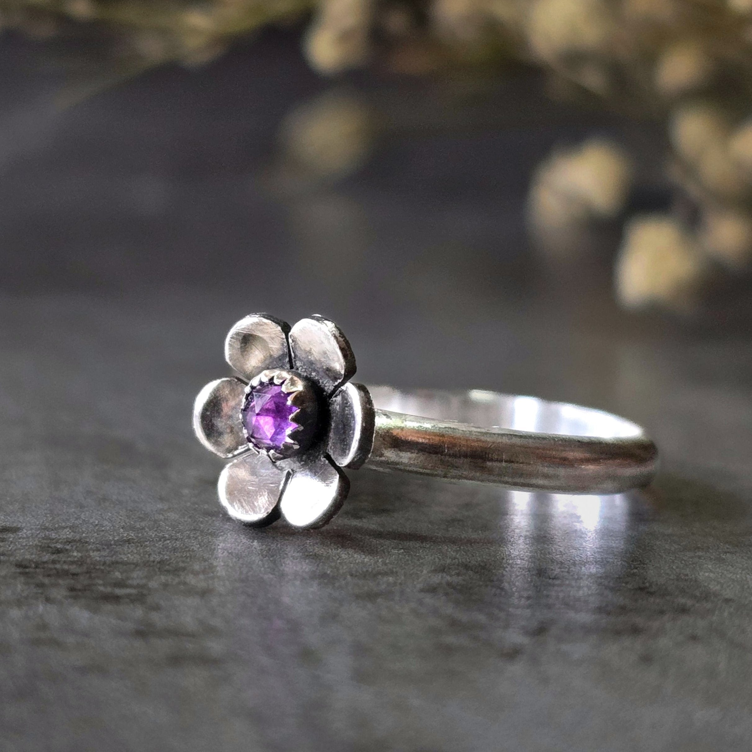 Gemstone Flower Ring with Amethyst