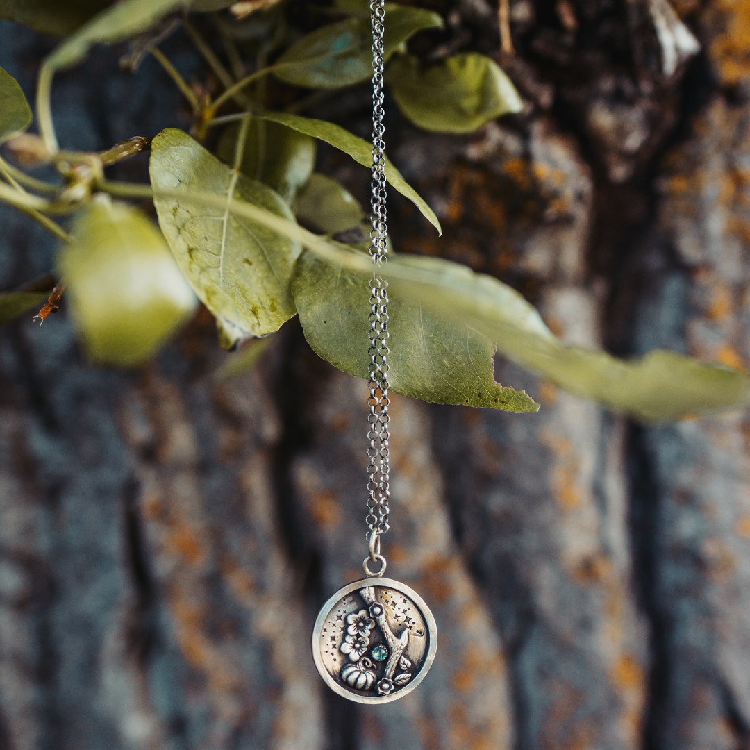 Pumpkin and Branch Pendant with Blue Topaz