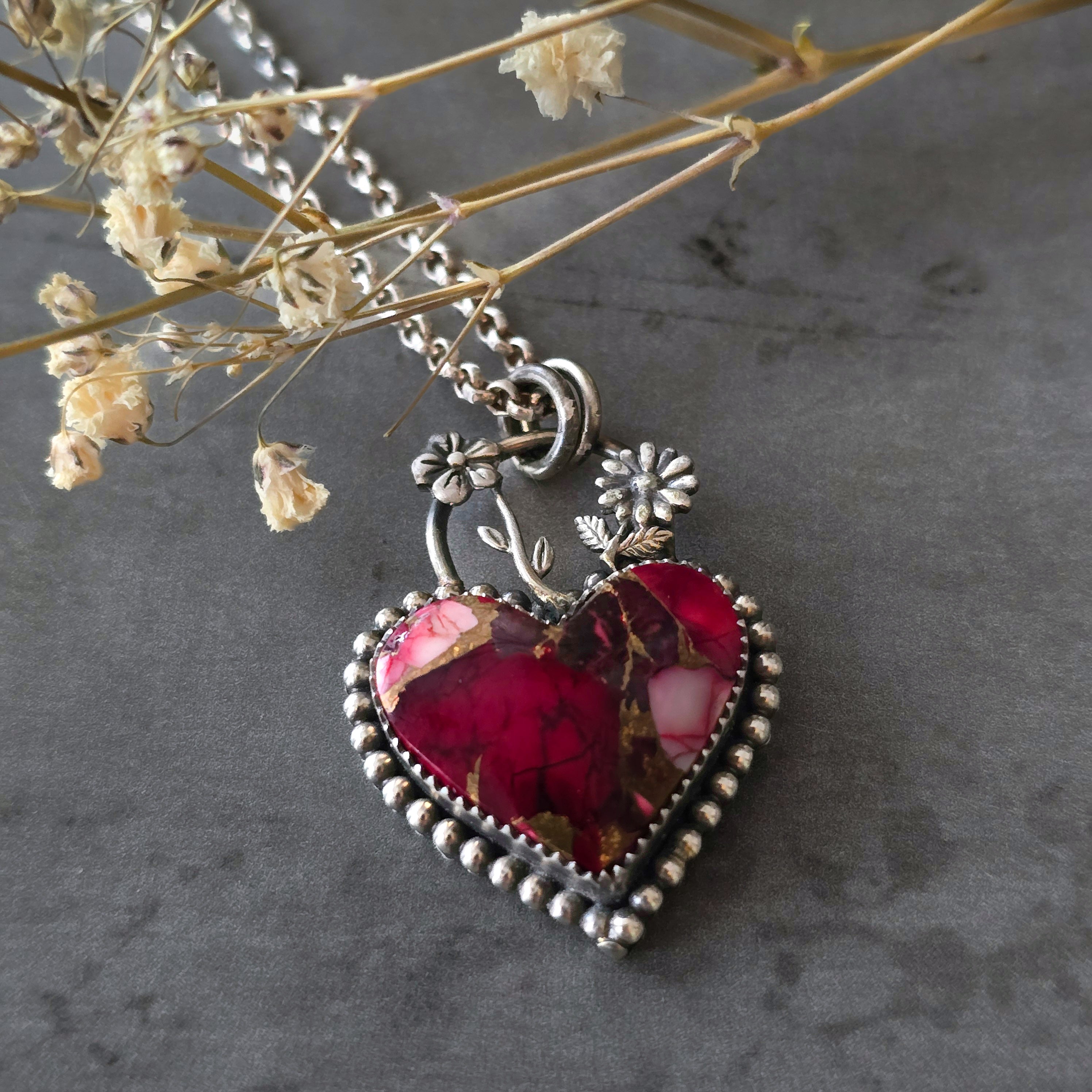 One of a Kind Red Dahlia Heart Necklace