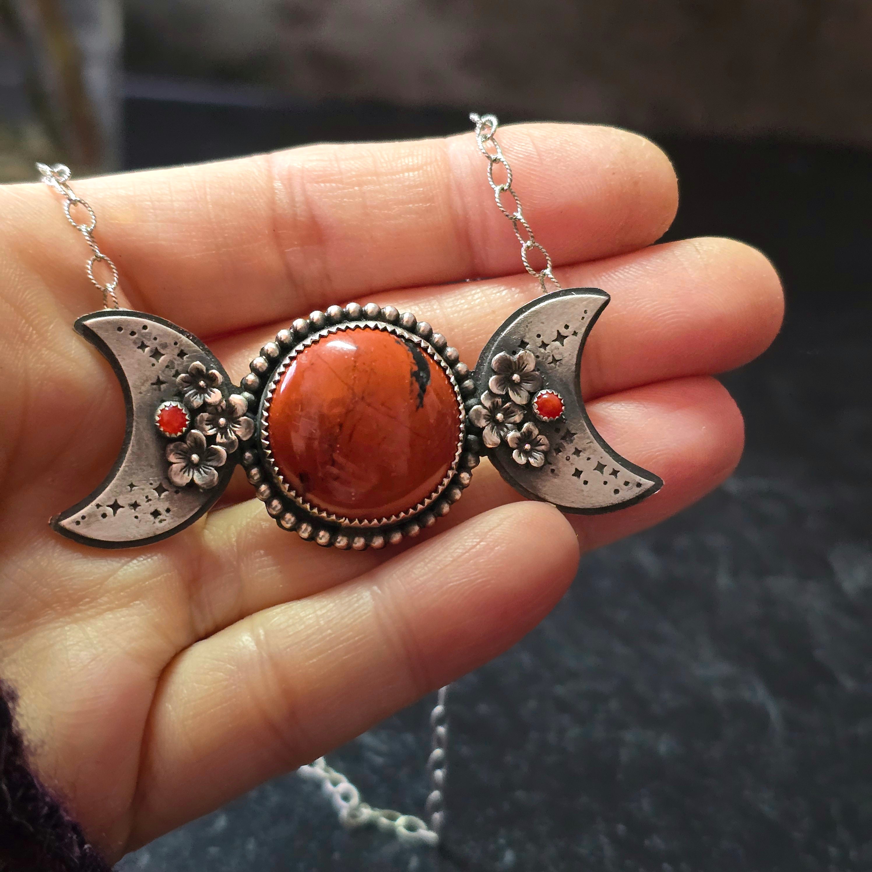 One of a Kind Red Jasper Triple Moon Goddess Necklace