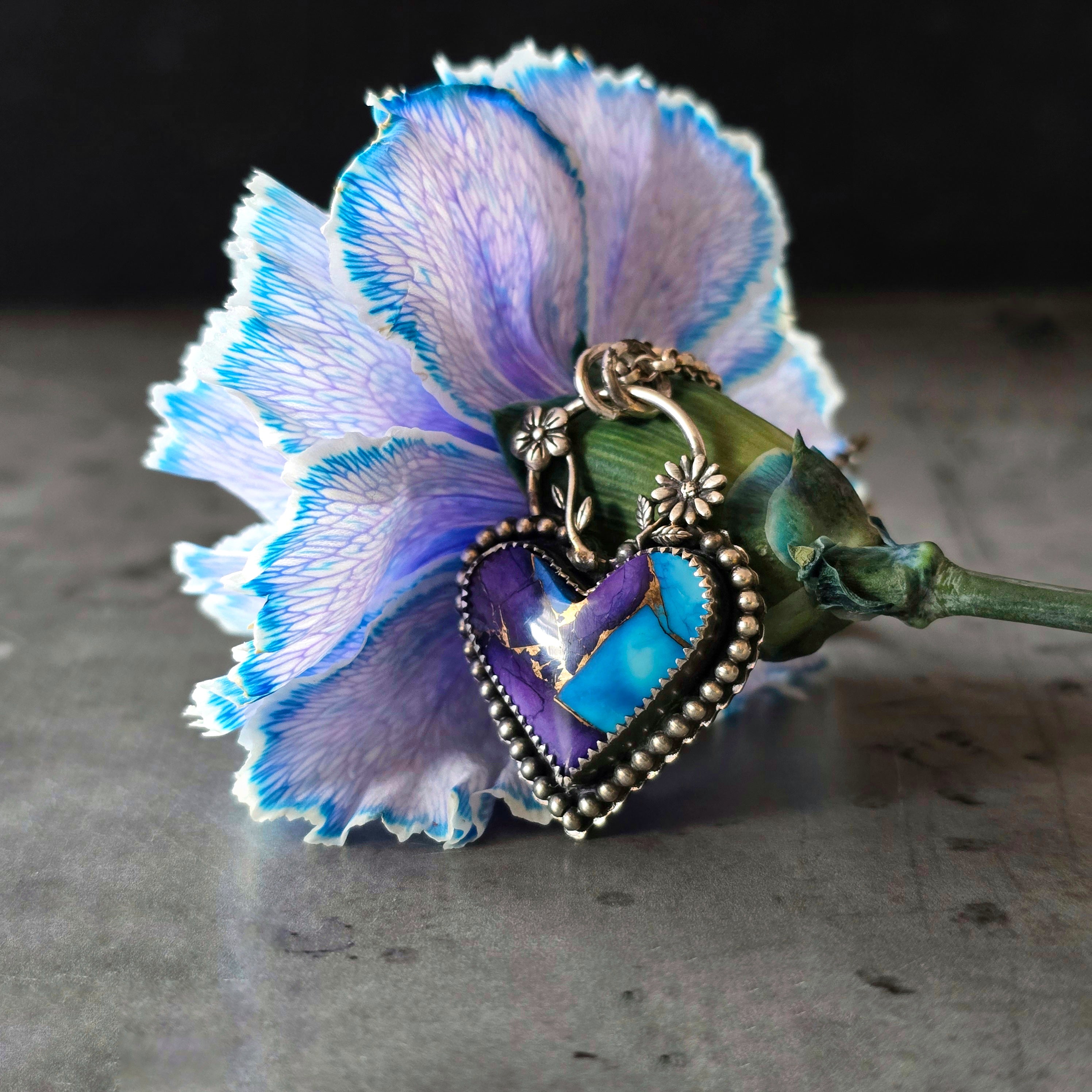 One of a Kind Turquoise & Purple Dahlia Heart Necklace