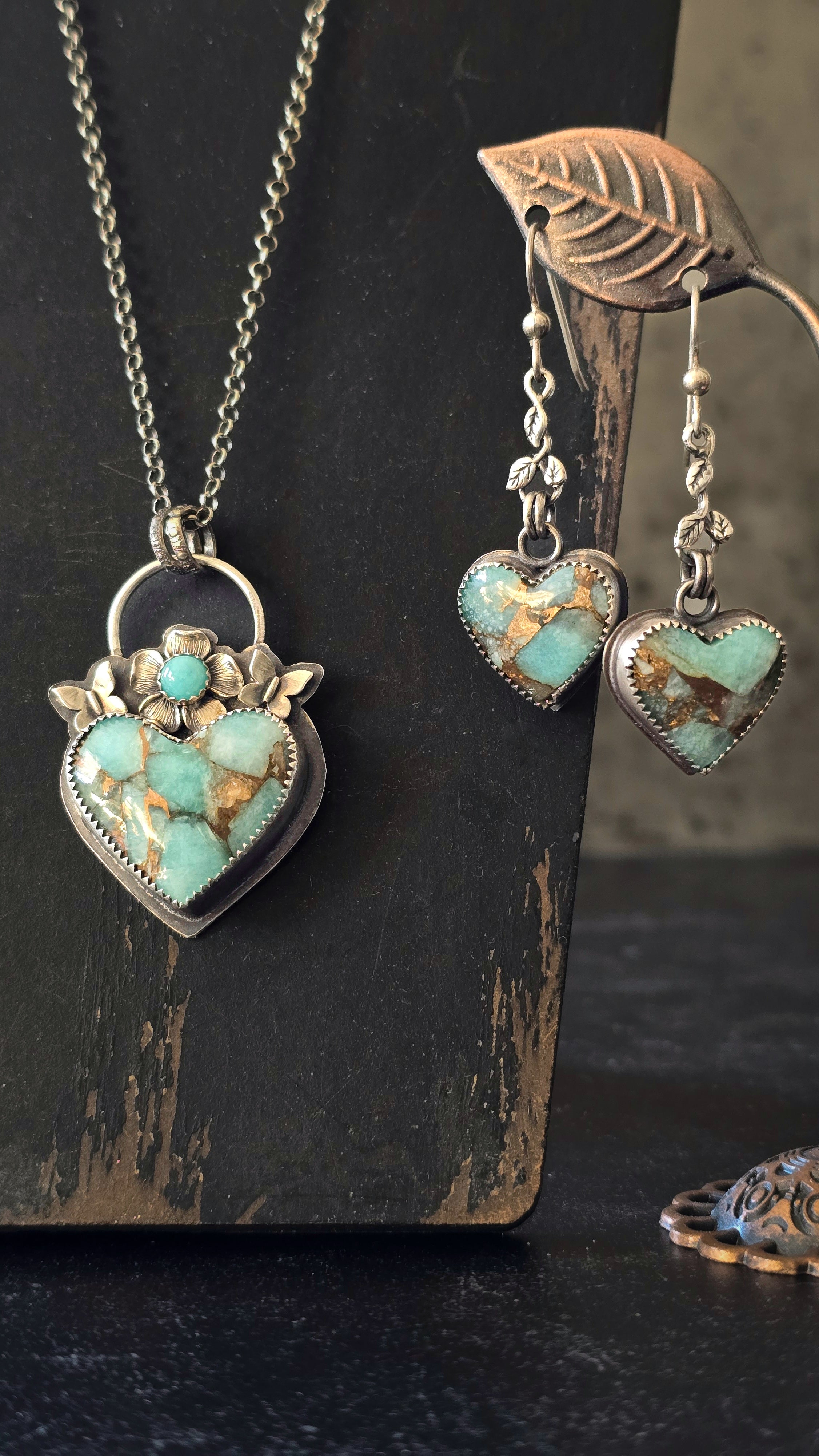 One of a Kind Amazonite & Bronze Heart Necklace